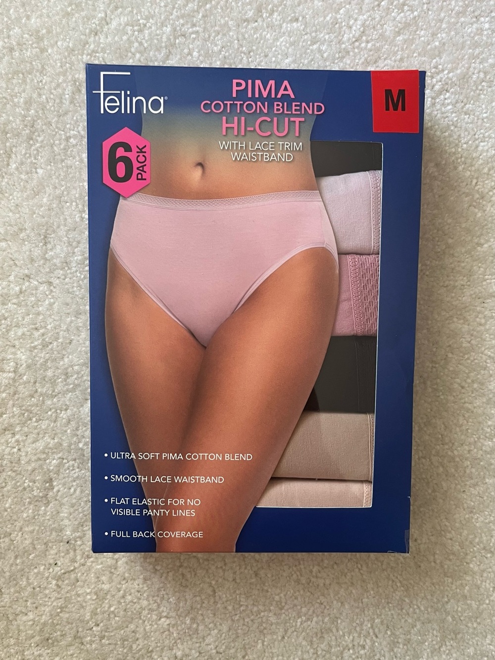Felina Pima Cotton Blend Hi-Cut Panties - Light Pink & Black (6 Pack)